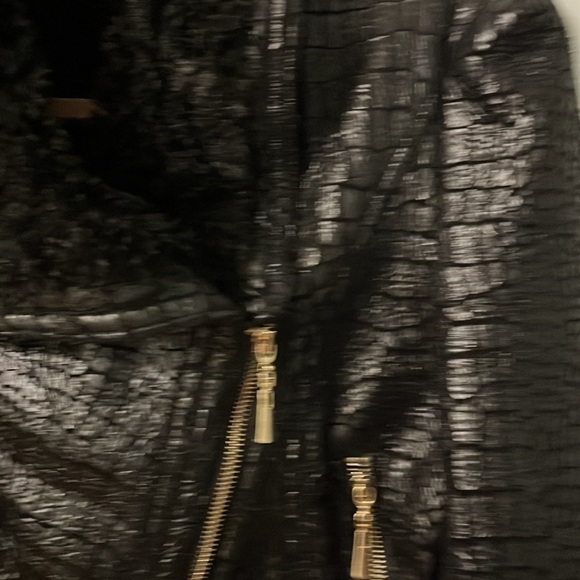 Luxury Chic Croc Print Faux Leather Moto Jacket Sherpa Trimmed/Lined XS Black - Picture 3 of 10